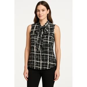 Adiva Blouse Womens Size XL Black White Sleeveless TieNeck Abstract Pattern